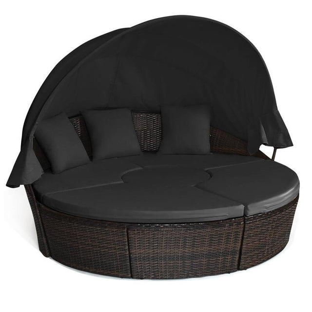 Round Rattan Outdoor Daybed with Retractable Canopy & Cushions Garden Set