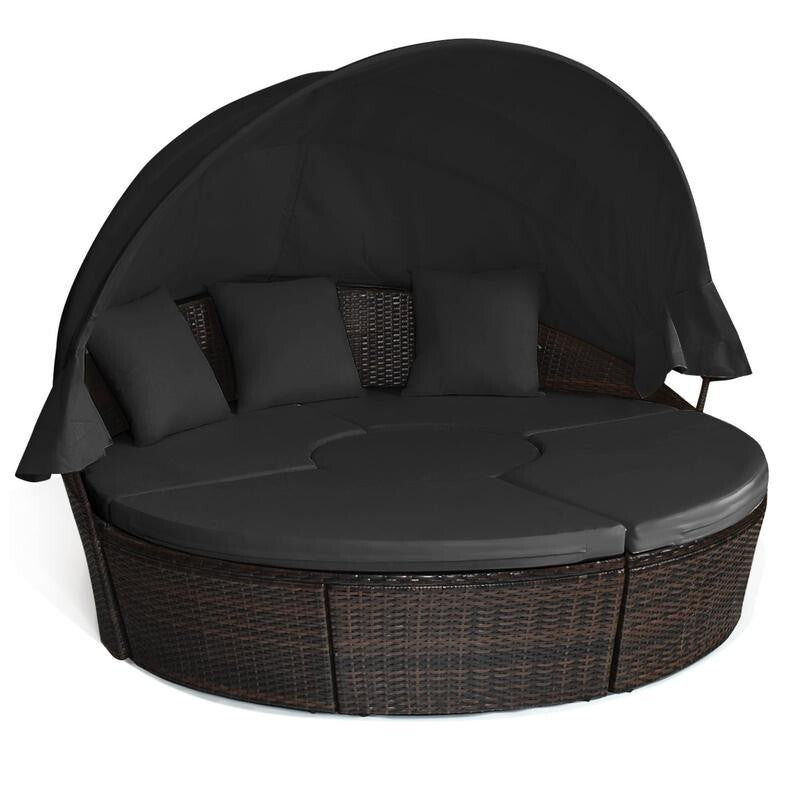 Round Rattan Outdoor Daybed with Retractable Canopy & Cushions Garden Set