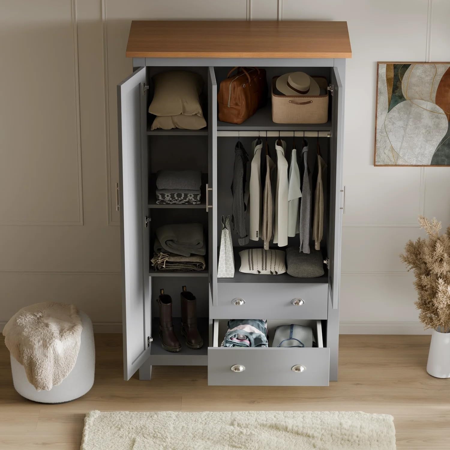 3 Door Grey Wardrobe with Drawers & Rail – Modern Bedroom Storage