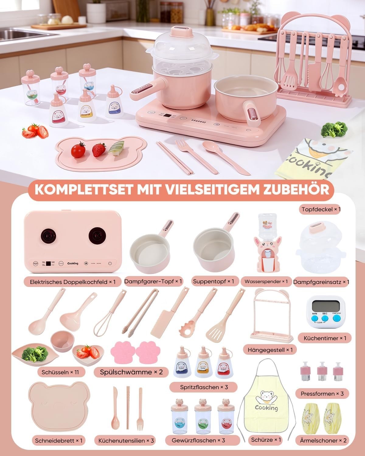 Kids Electric Cooking Set Double Hob Kitchen Toy Cookware 40 Pieces
