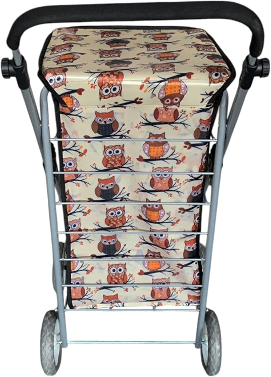 Foldable 6-Wheel Shopping Trolley 60L Lightweight Cart Beige Owl Print