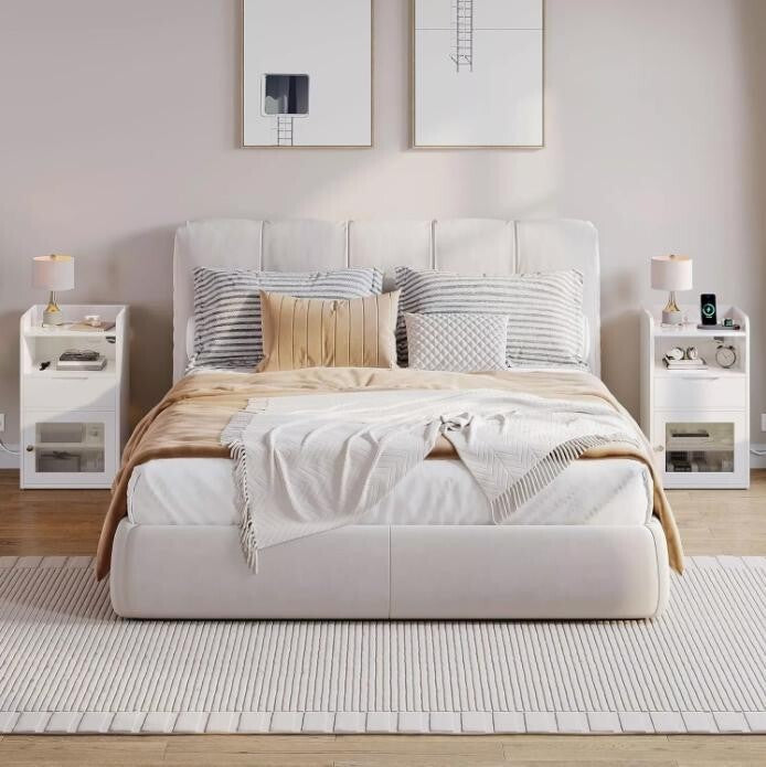 White Bedside Table with LED Light, USB Charging Station & Drawer Storage