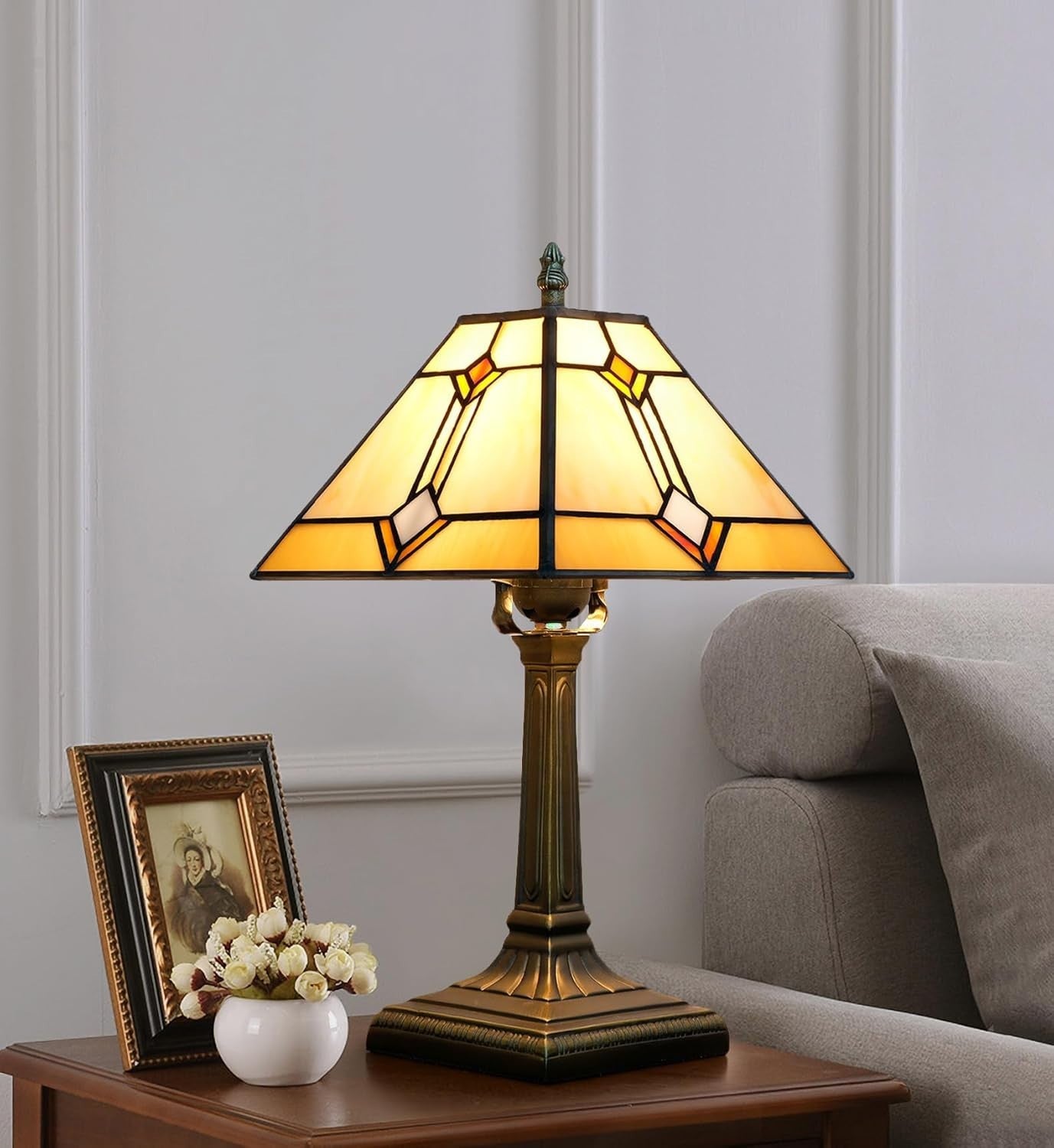 Stained Glass Tiffany Table Lamp Antique Square Bedside Desk Light