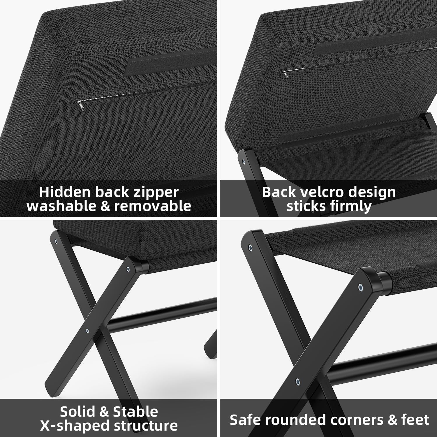 Black Foldable Footstool Ottoman with Bamboo X-Legs & Thick Chenille Cushion