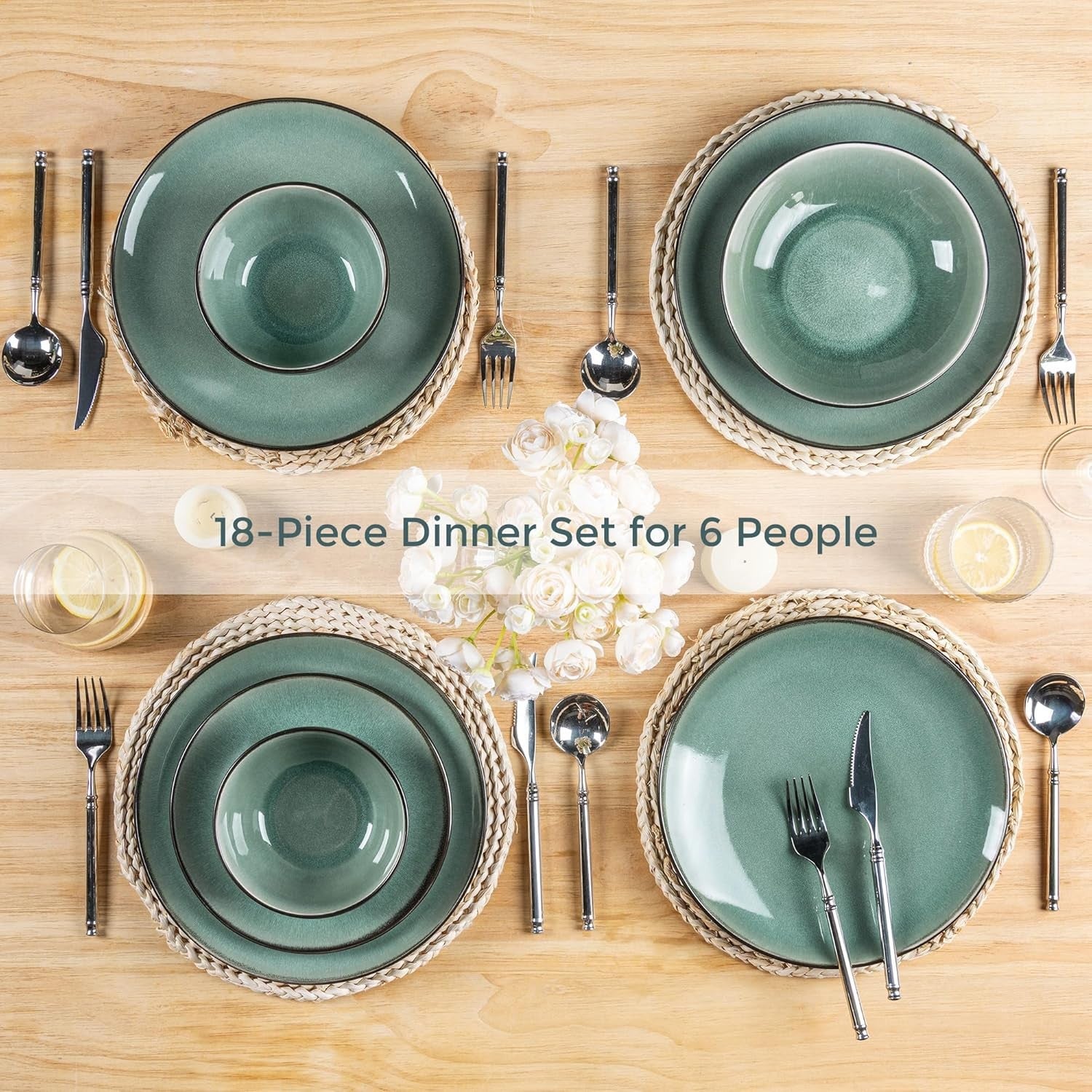 12pc Stoneware Dinner Set for 4 Plates Bowls Scratch Resistant Dishwasher Safe