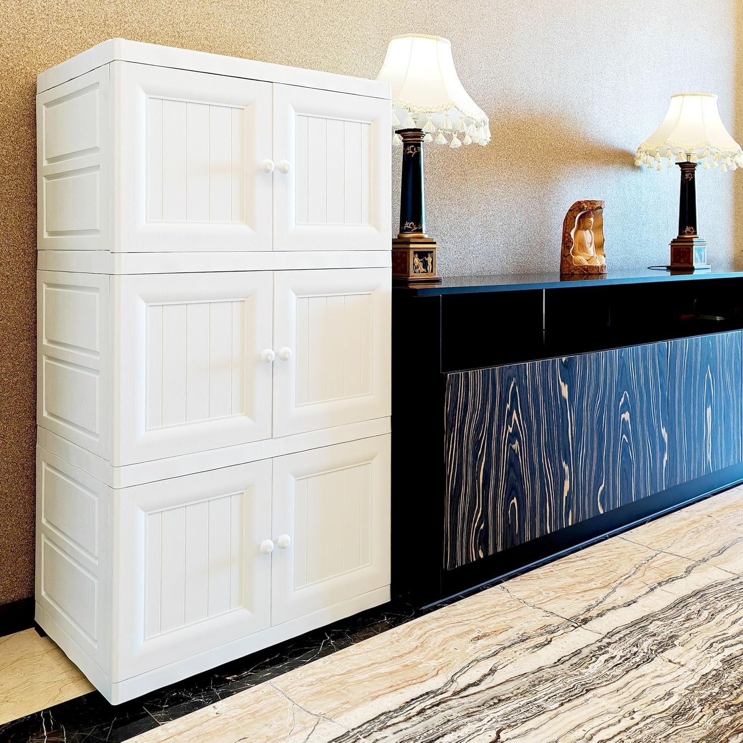 3 Tier White Storage Cabinet Cupboard Unit with Doors Multi Purpose Shelves