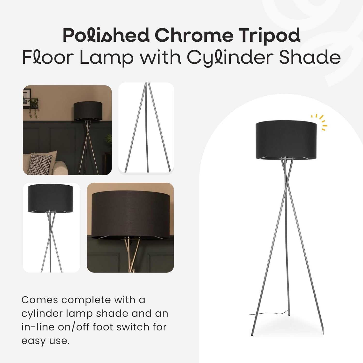 Modern Chrome Tripod Floor Lamp Dark Grey Shade Tall Living Room Light