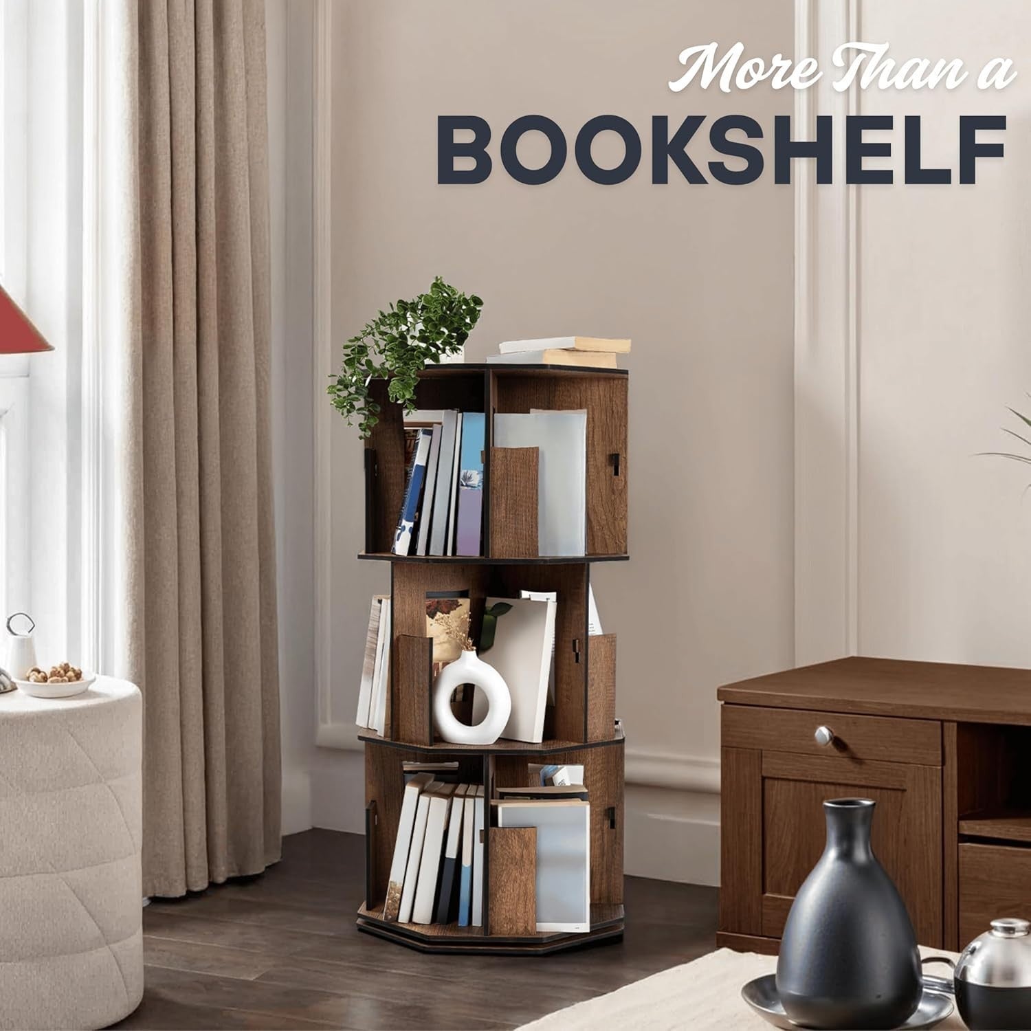 3 Tier Rotating Kids Bookshelf Walnut Corner Shelf Wooden Storage Organizer