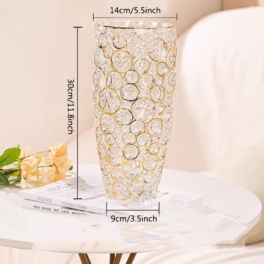 Large Crystal Glass Flower Vase 11.8in Hand Painted Gold Modern Home Décor
