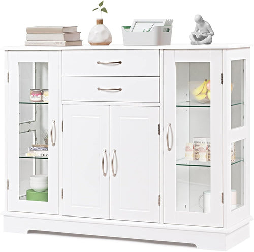 White  Sideboard Buffet Cabinet Glass Doors Storage Unit with Drawers