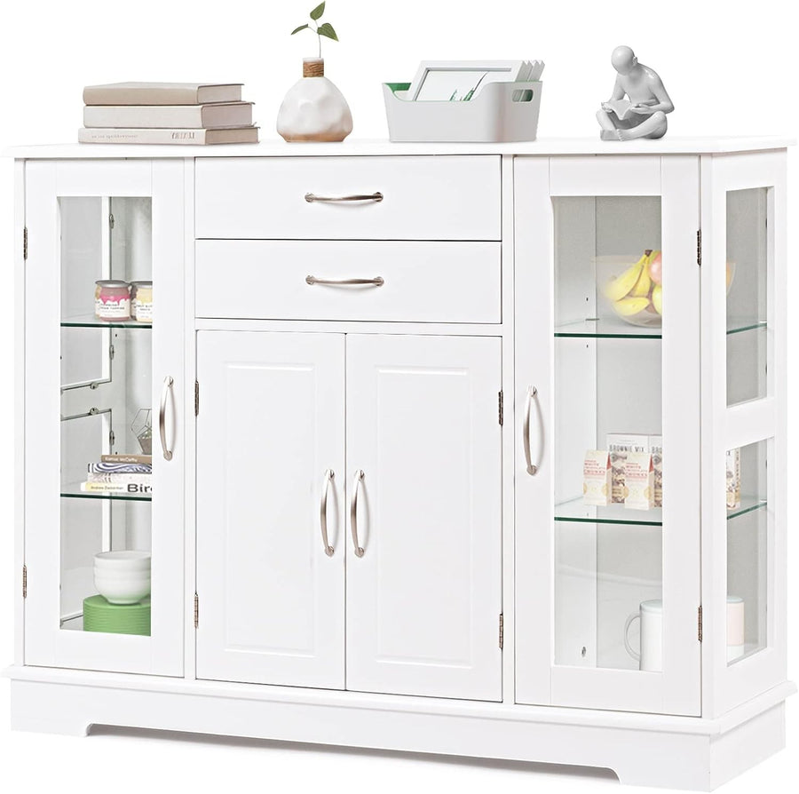 White  Sideboard Buffet Cabinet Glass Doors Storage Unit with Drawers