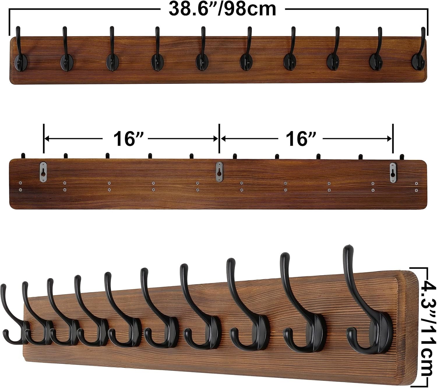 Rustic Solid Wood Wall Mounted Coat Rack with 10 Hooks | Farmhouse Style