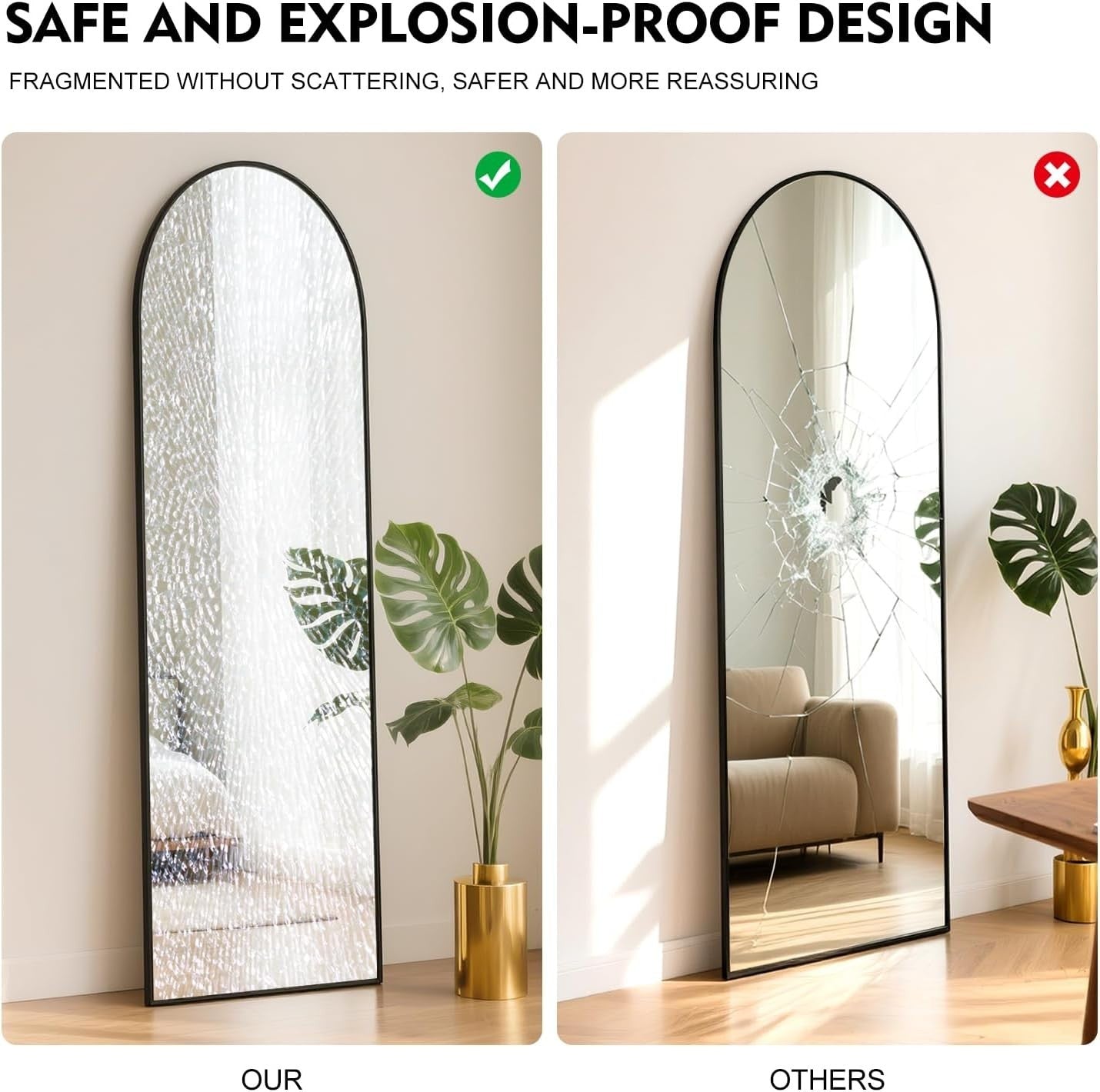 Full Length Arch Mirror 152x42cm Wall Mounted Black Frame Space Saving