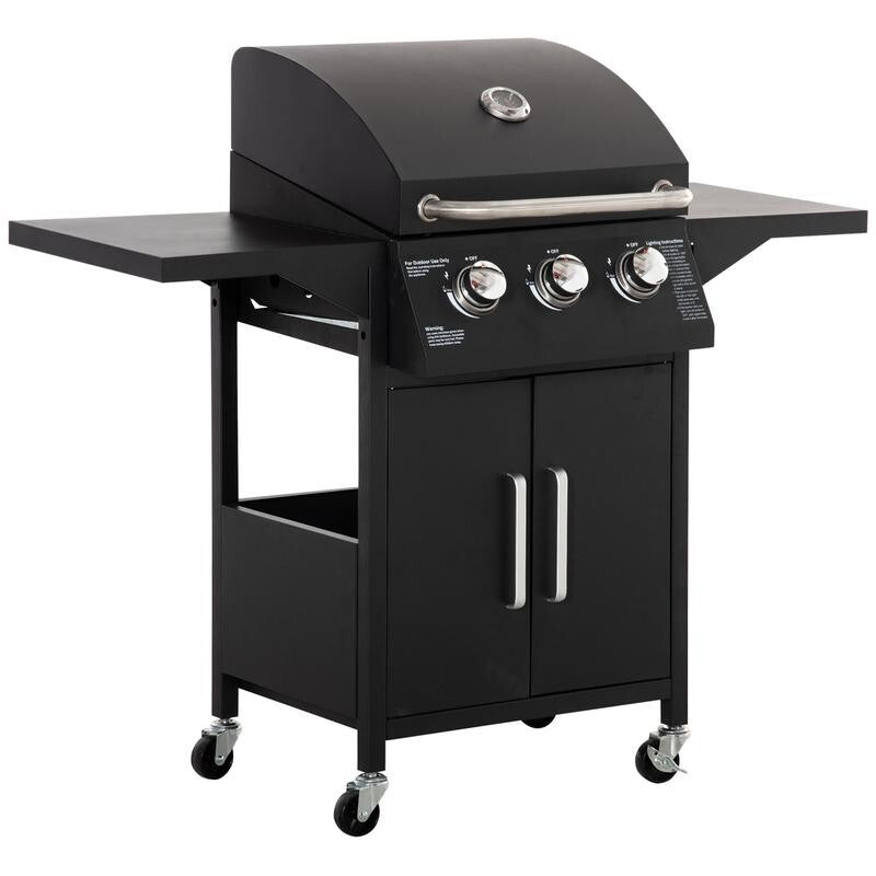 3 Burner Gas BBQ Grill w/ Storage Cabinet, Shelves, Smoker Lid, Wheels
