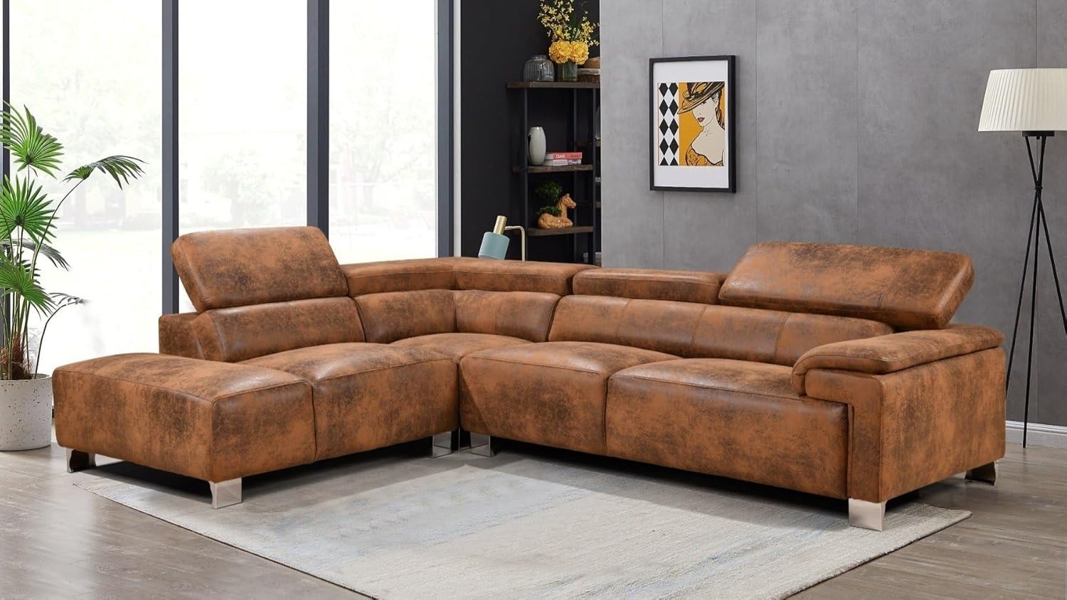 Brown Faux Leather L Shape 5 Seater Corner Sofa with Headrests Chaise