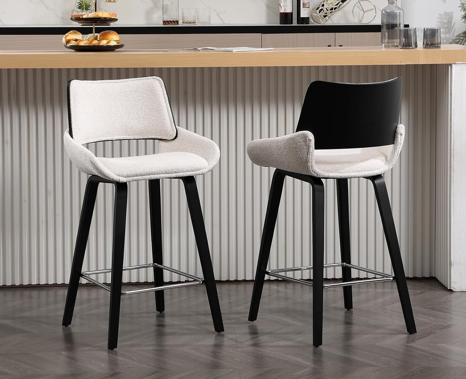 Modern Oatmeal Bar Stools Set of 2 | Chenille Seat, Solid Wood Frame