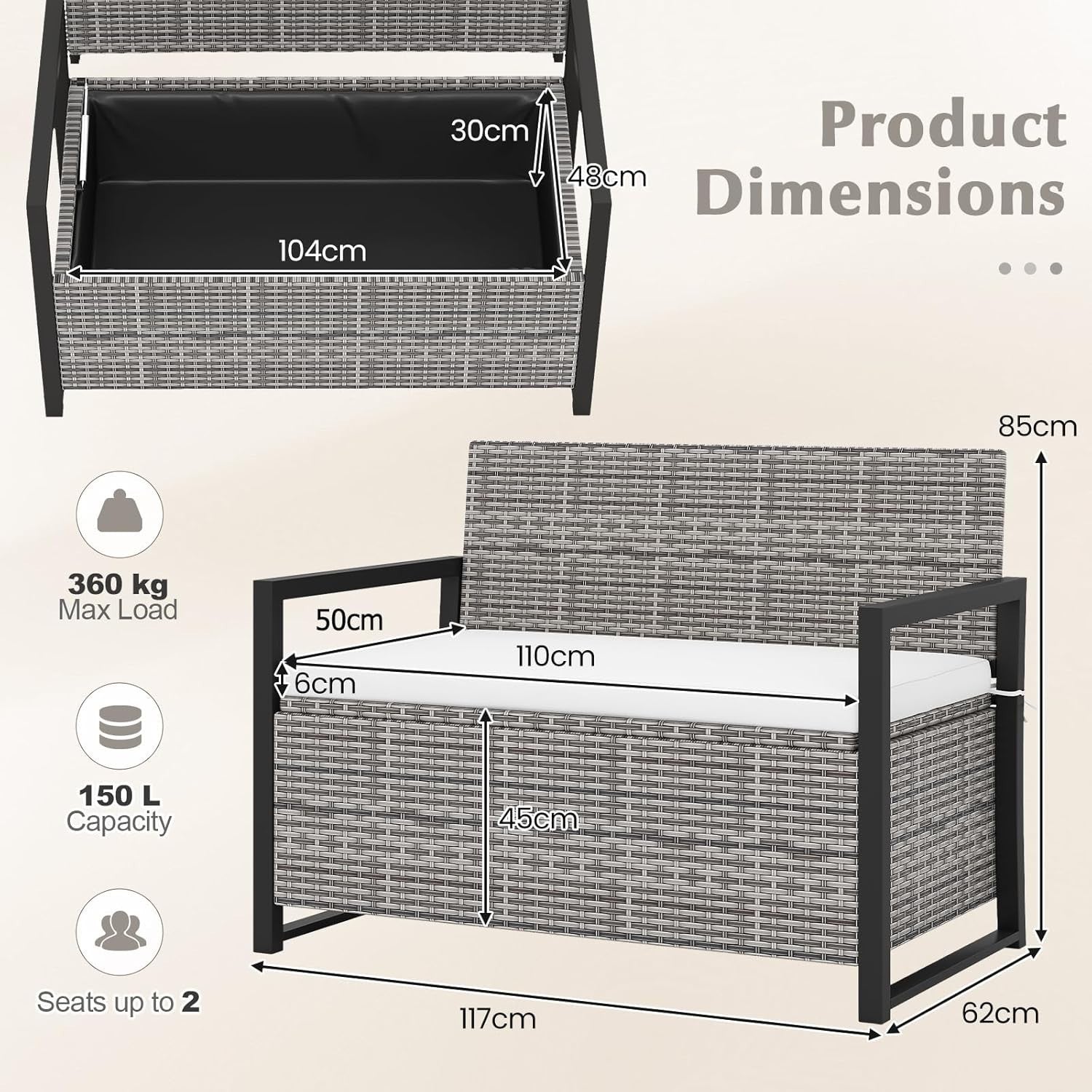 Outdoor 2-Seater PE Rattan Storage Bench with 150L Box & Padded Cushion, Gray