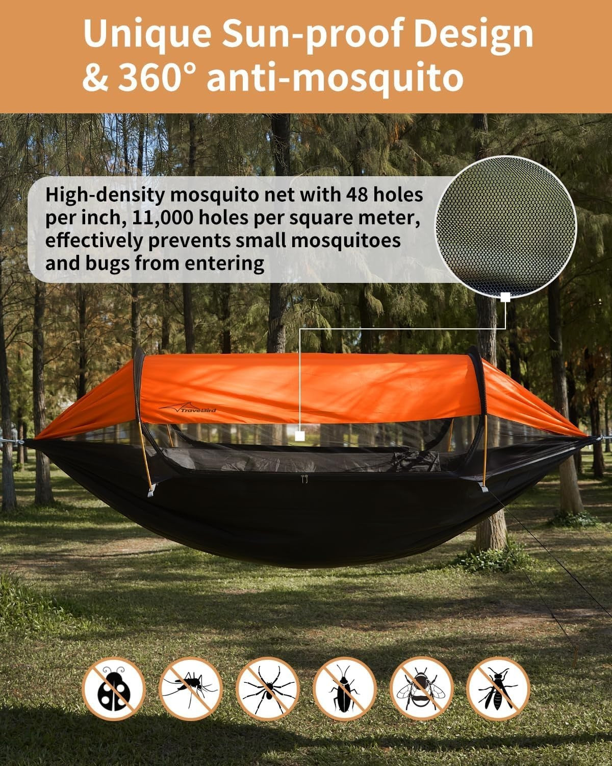 Camping Hammock Tent Vitality Orange 2-Person | 290x140cm Bug Net & Rainfly