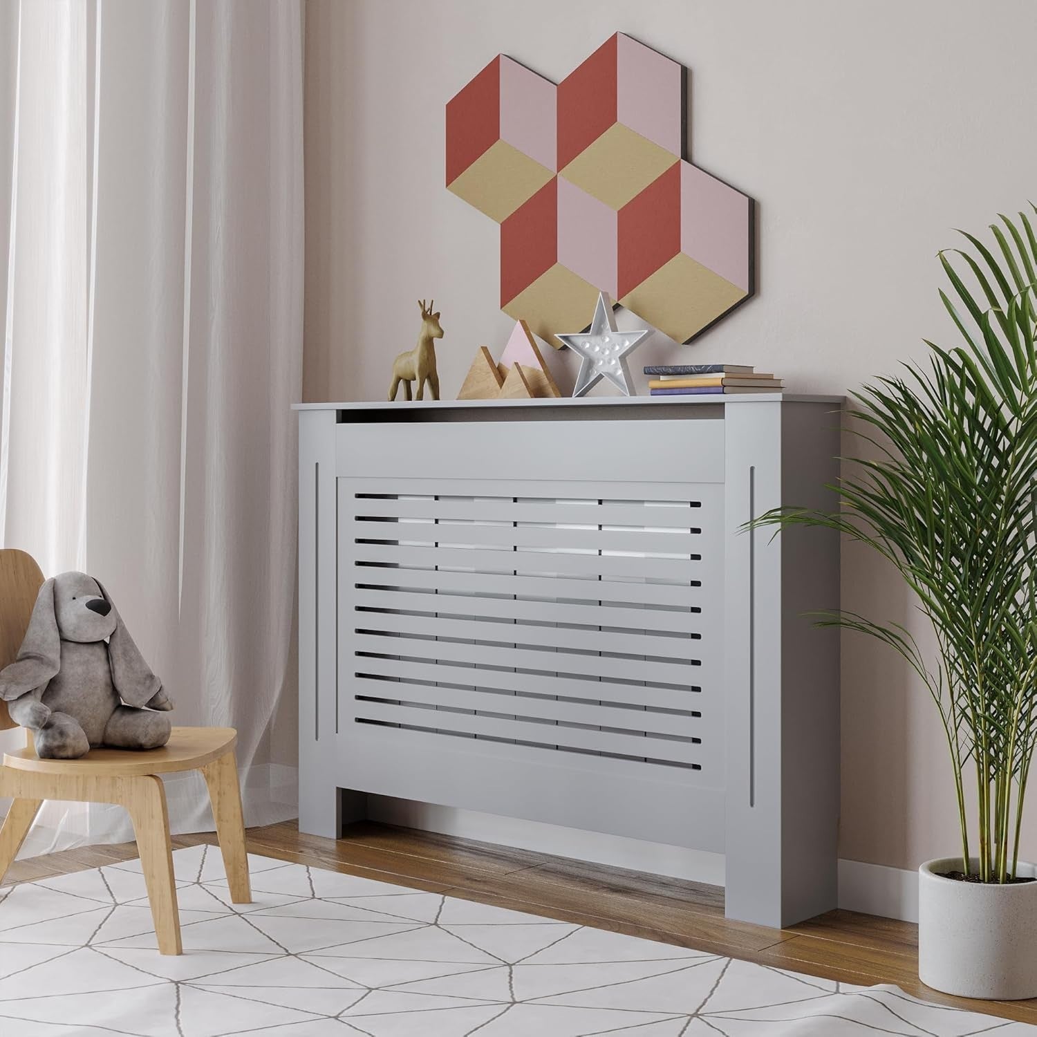 Grey Wooden Radiator Cover MDF Grill Shelf | Medium Modern Heater Cabinet 111cm