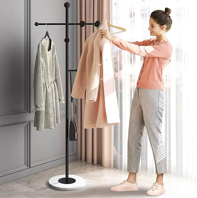 Modern T-Shaped Metal Coat Rack Marble Base Stand with 8 Hooks for Home Office