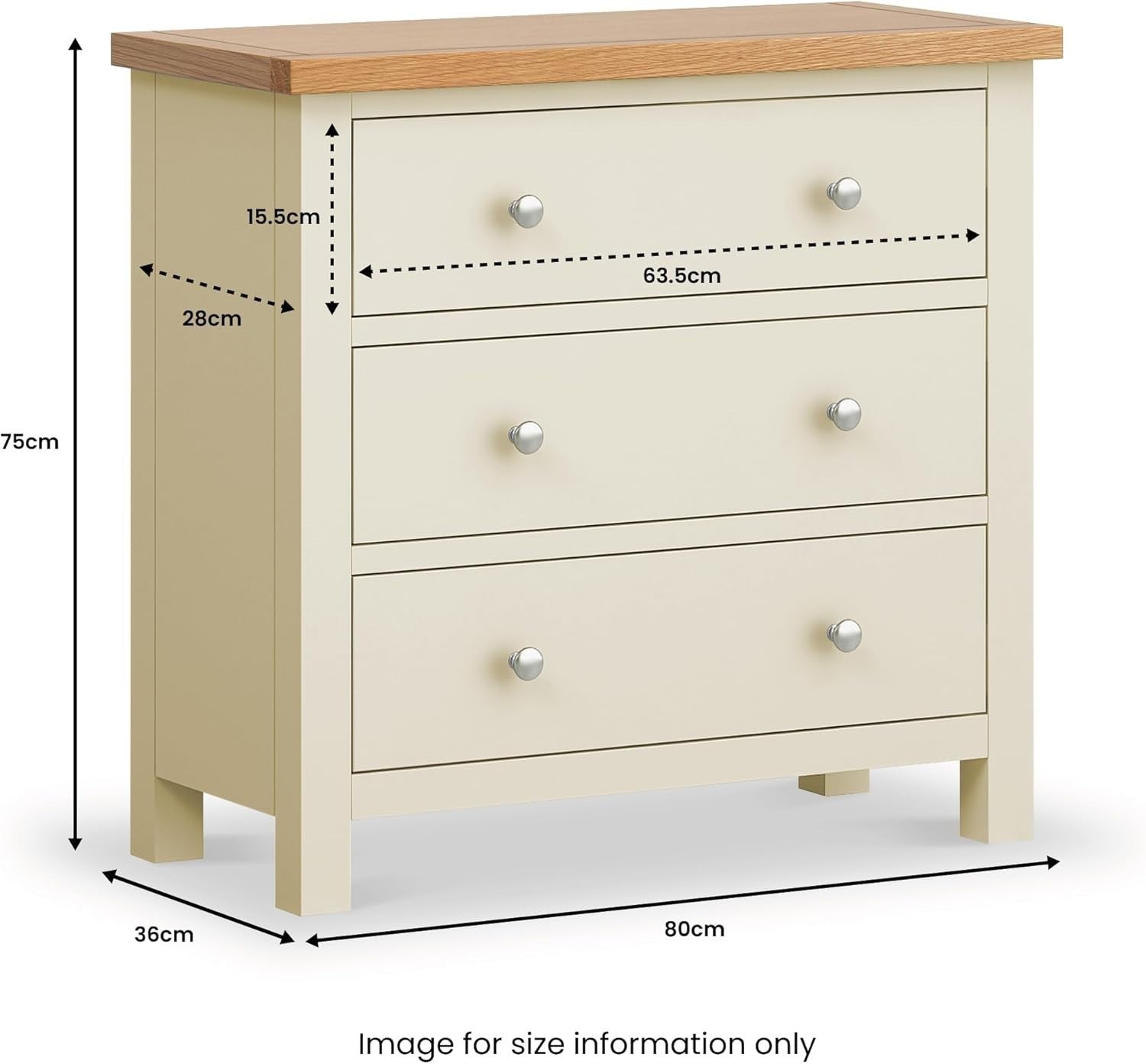 Cream Oak Top 3 Drawer Chest Solid Wood Bedroom Storage Unit Assembled