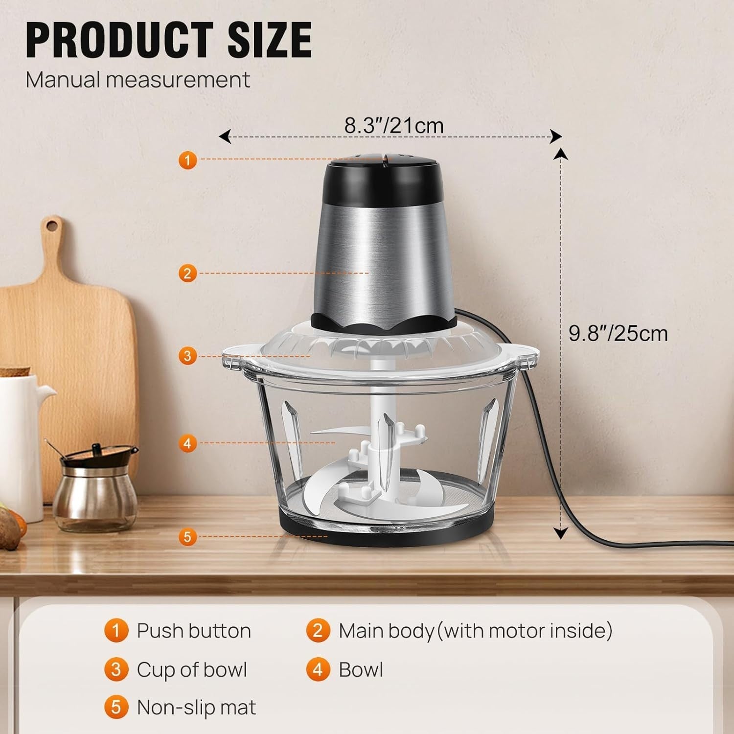 2L Electric Food Chopper Meat Grinder Glass Bowl 300W 2 Speed