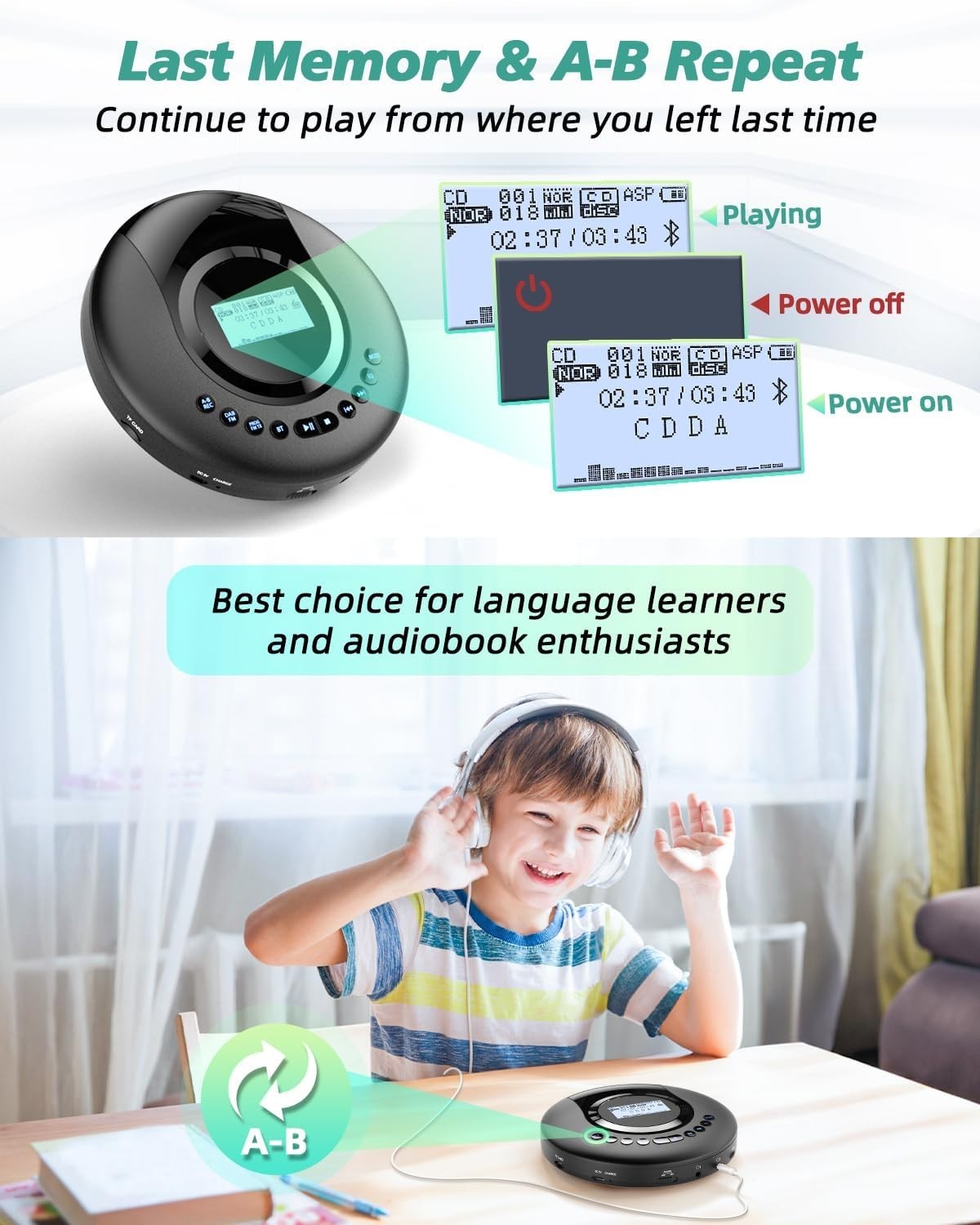 Portable CD Player DAB+ FM Bluetooth 5.2 Discman 2000mAh Rechargeable