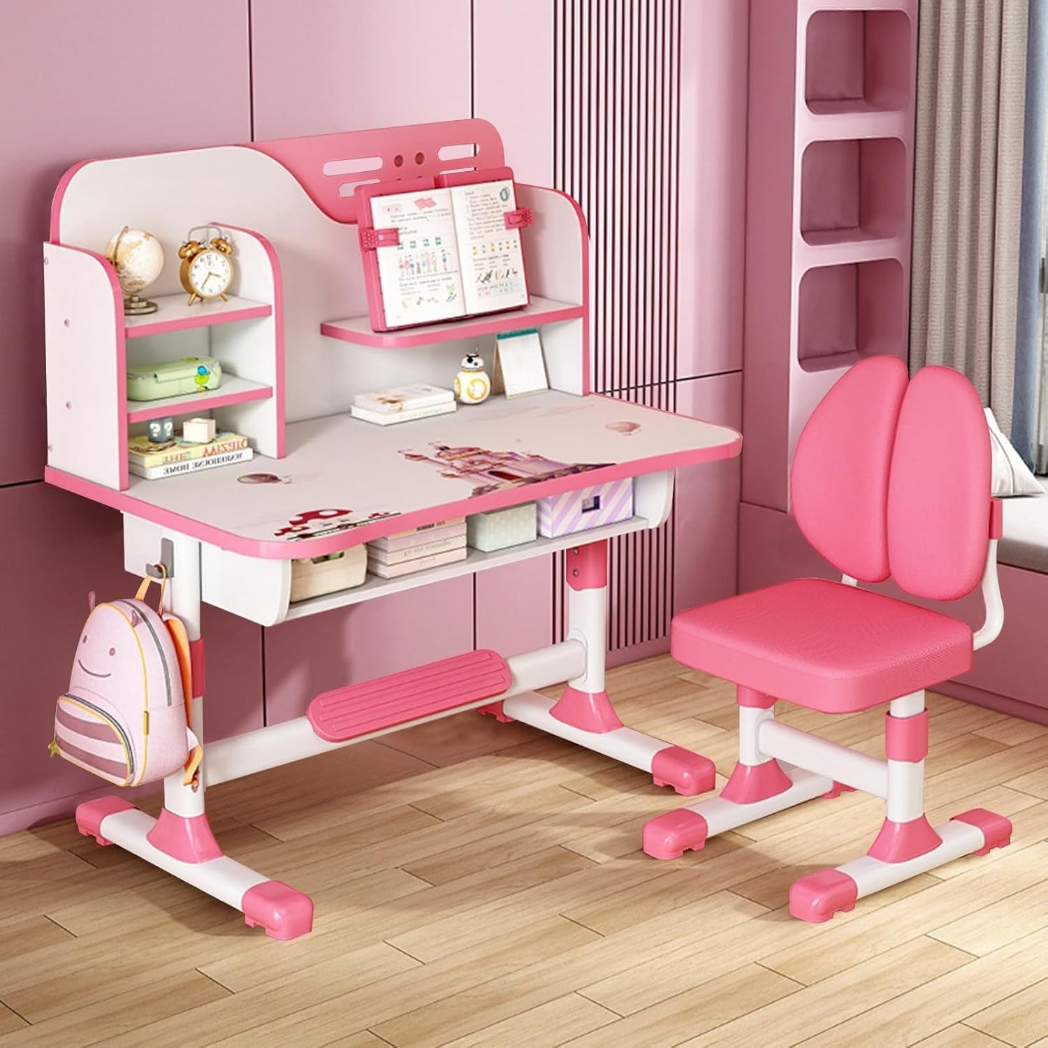 Adjustable Kids Study Table & Chair Set with Bookshelf, Drawer, Pink