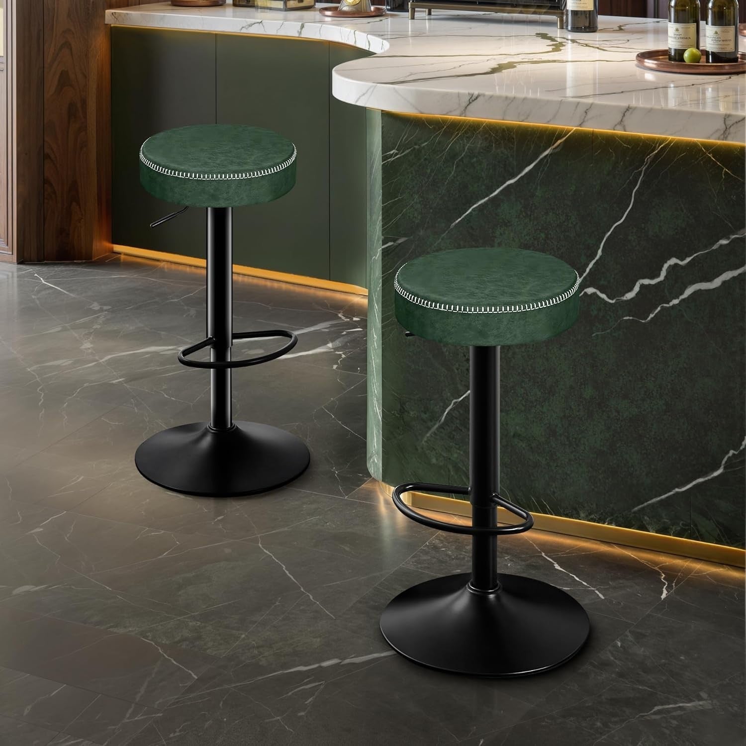 Adjustable Swivel Bar Stools Set of 2 Green Faux Leather 36x36x85.5cm