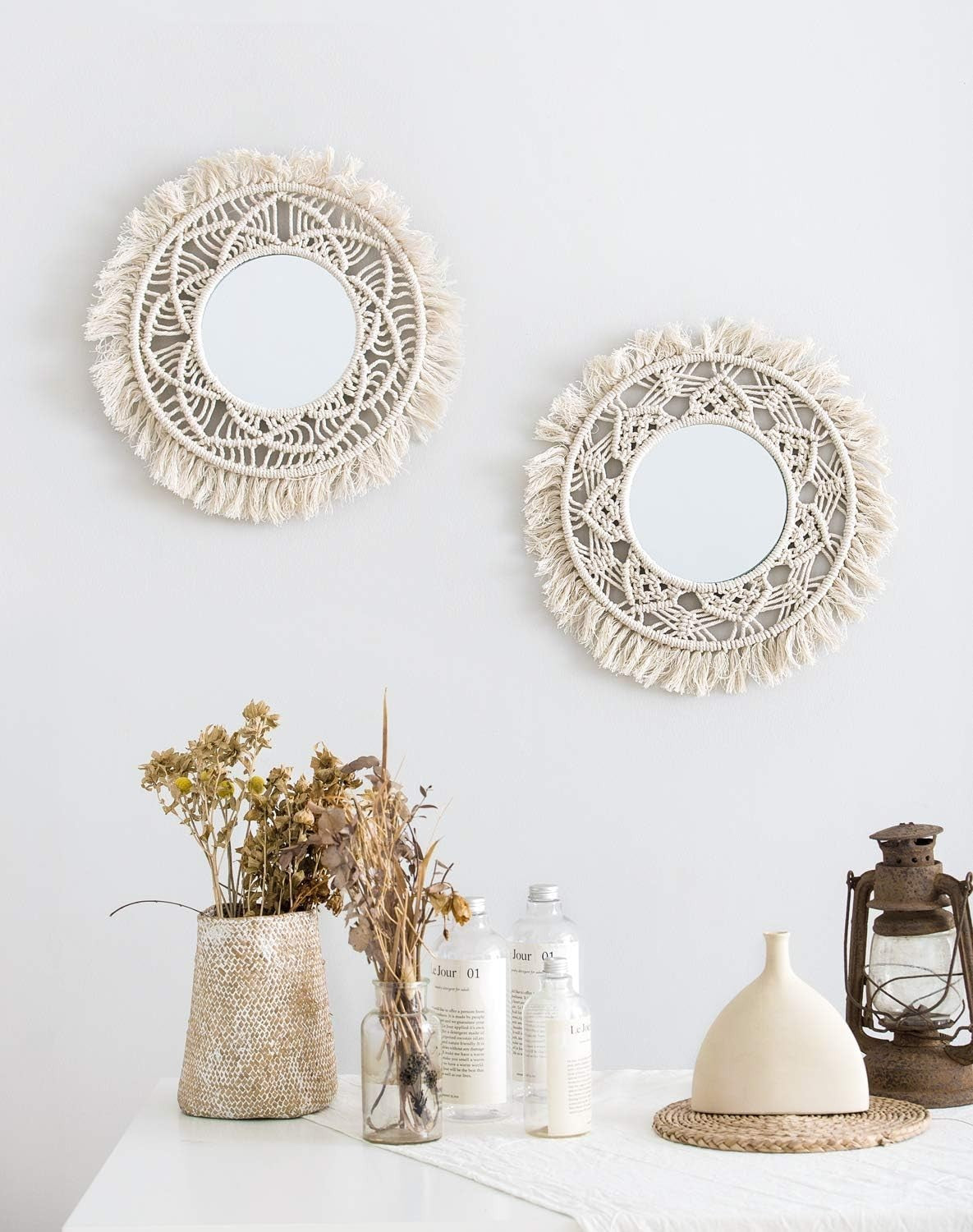 Boho Macrame Wall Mirrors Set of 2 Small Round Hanging Decor