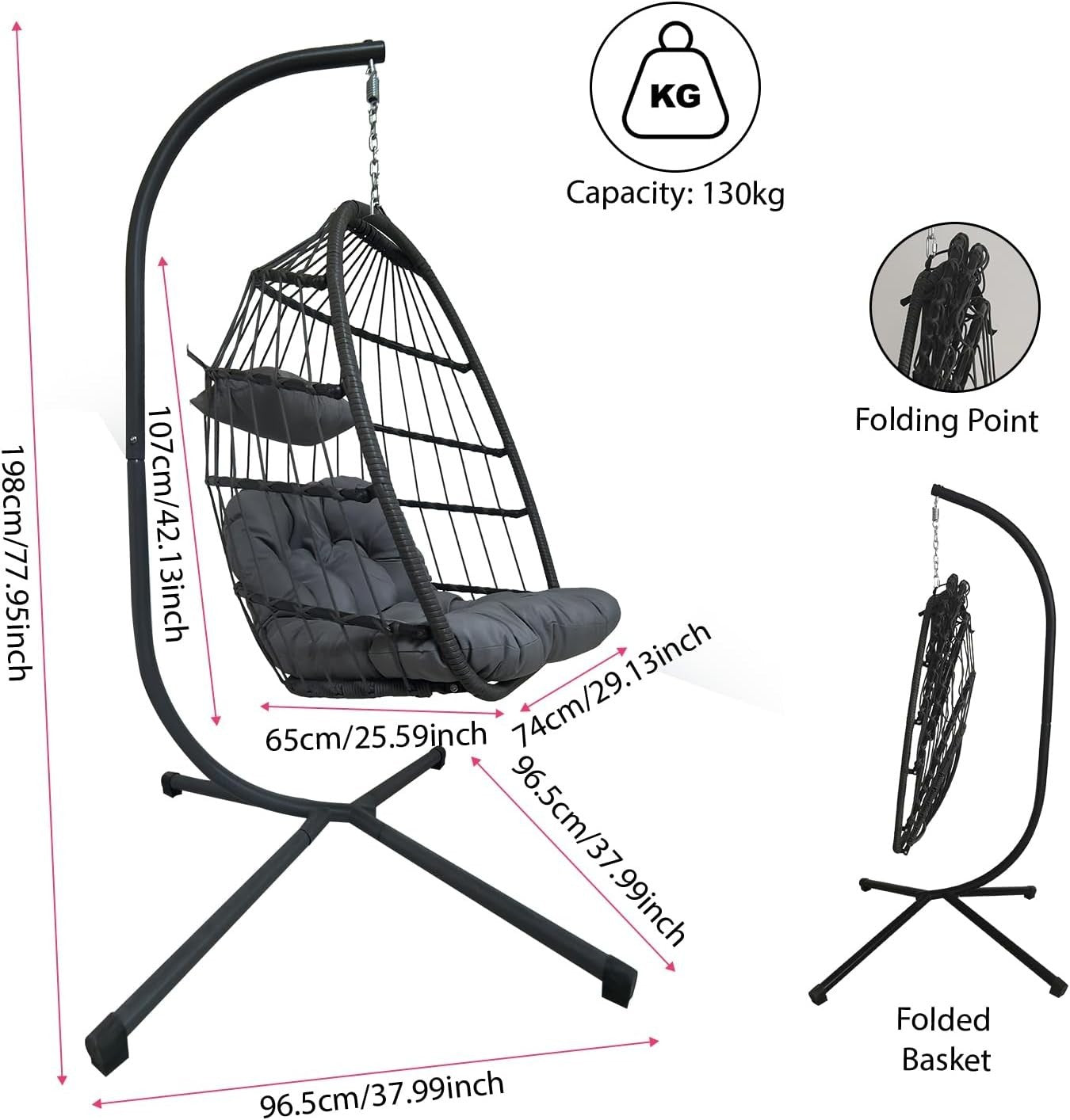 Foldable Rattan Hanging Egg Chair with Cushion for Indoor Outdoor (Light Grey)