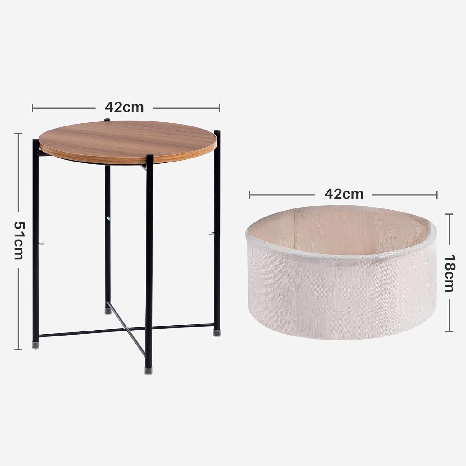 Round Side Table with Fabric Basket Storage Small Coffee Sofa Table