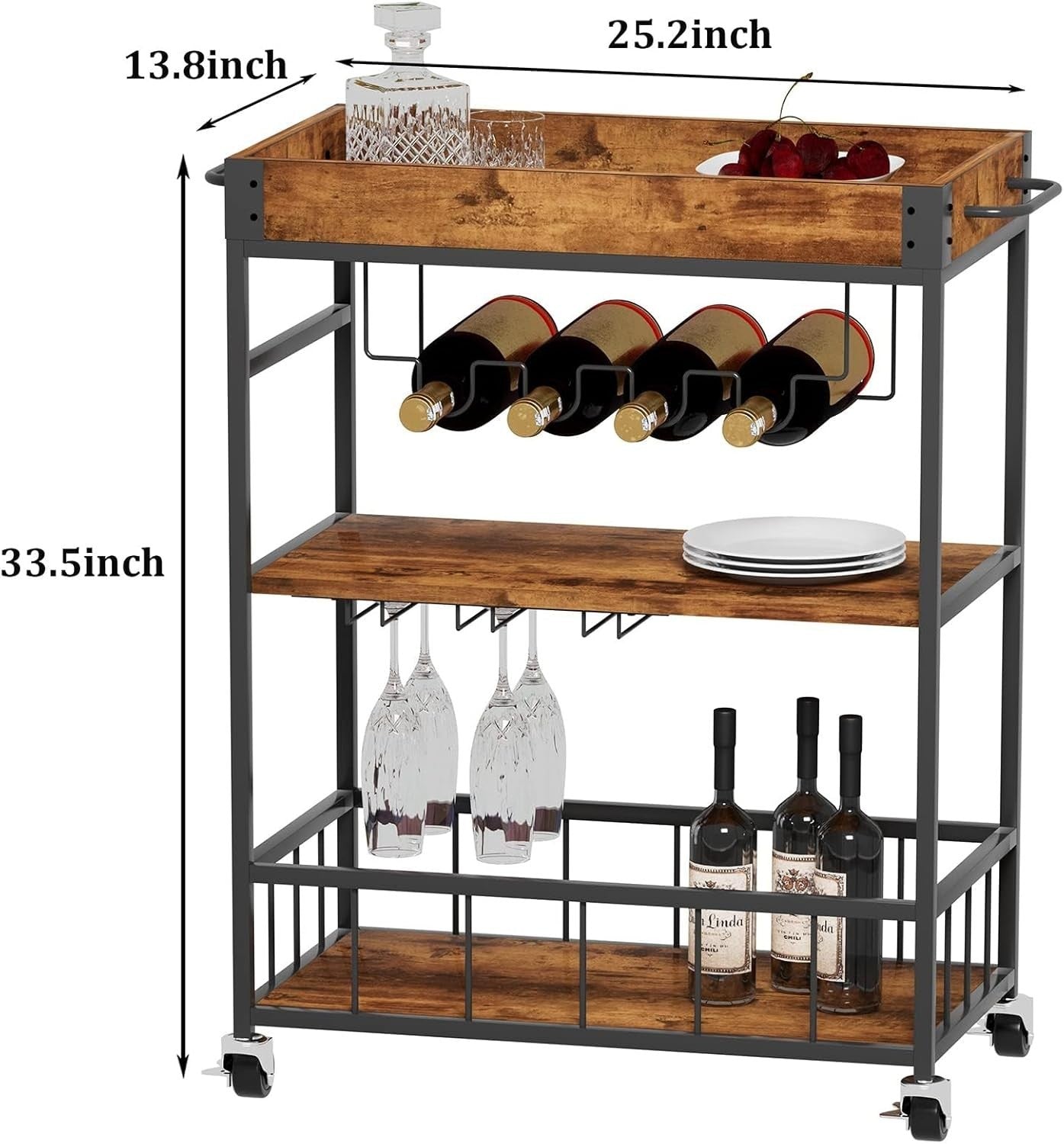 3 Tier Bar Cart Drinks Trolley with Wine Rack & Glass Holder