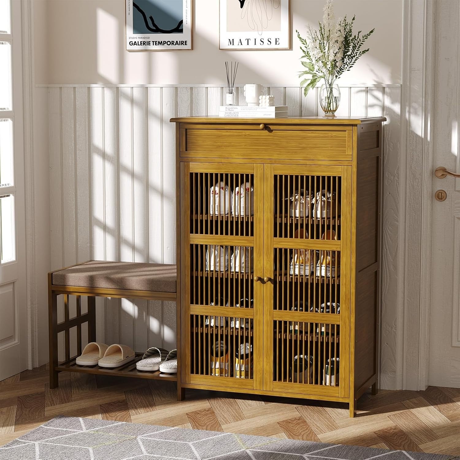 Shoe Storage Bench with Seat & Drawer 4-Tier Adjustable Shelves 65x35x99cm
