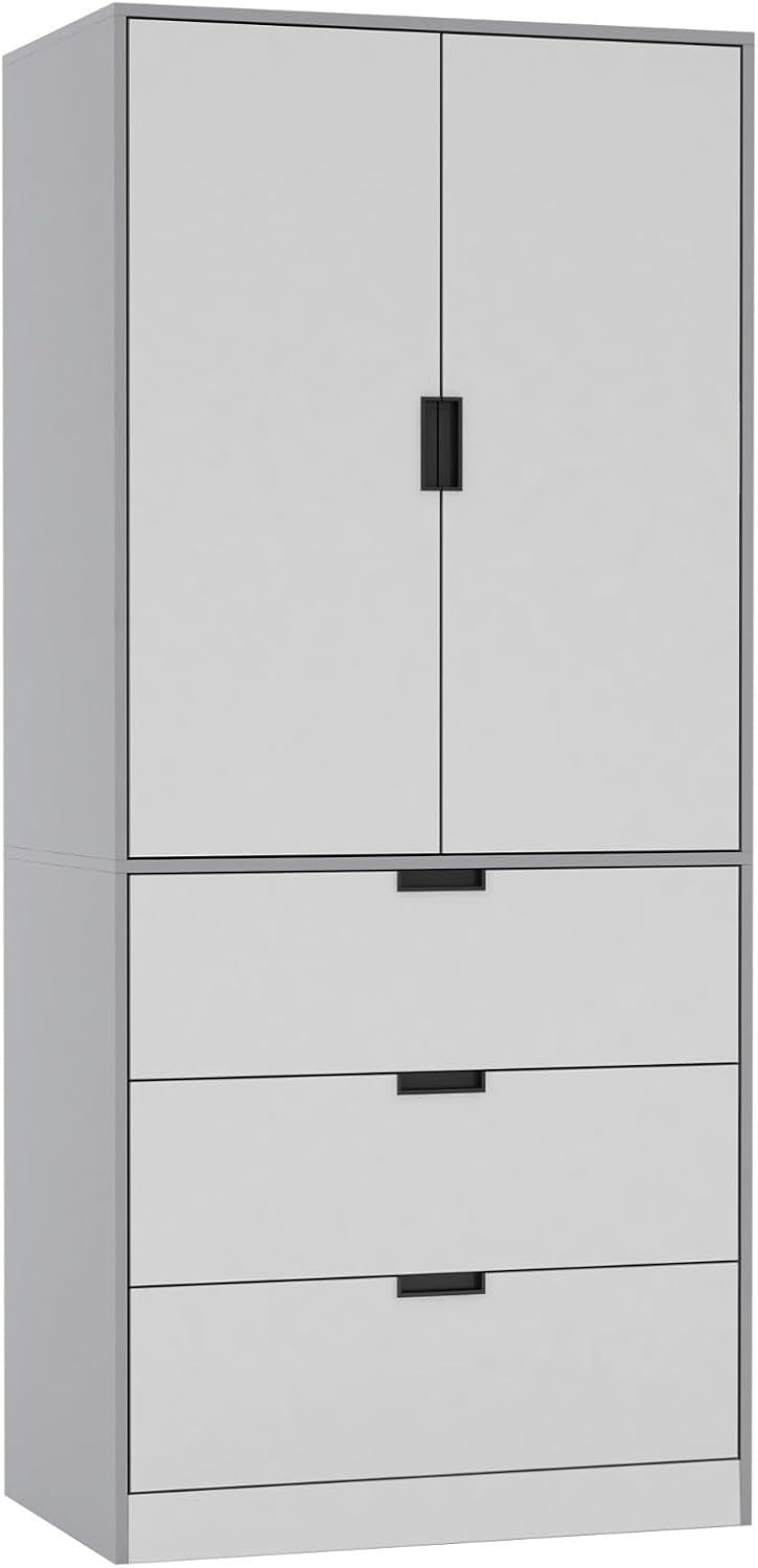 White 2 Door Wardrobe with 3 Drawers & Rail | 180cm Modern Storage