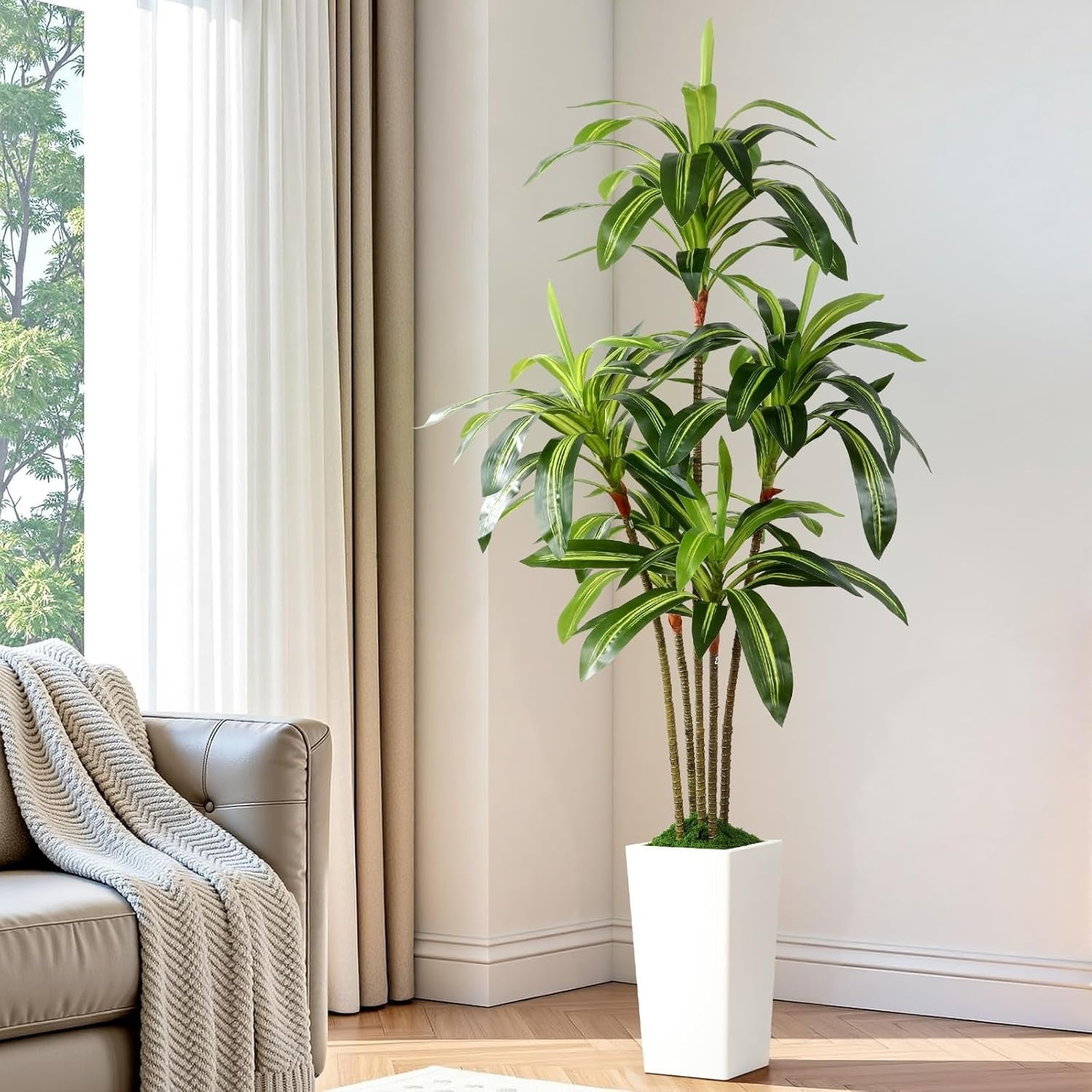 6FT Artificial Dracaena Tree with Tall White Pot Faux Indoor Outdoor Home Decor