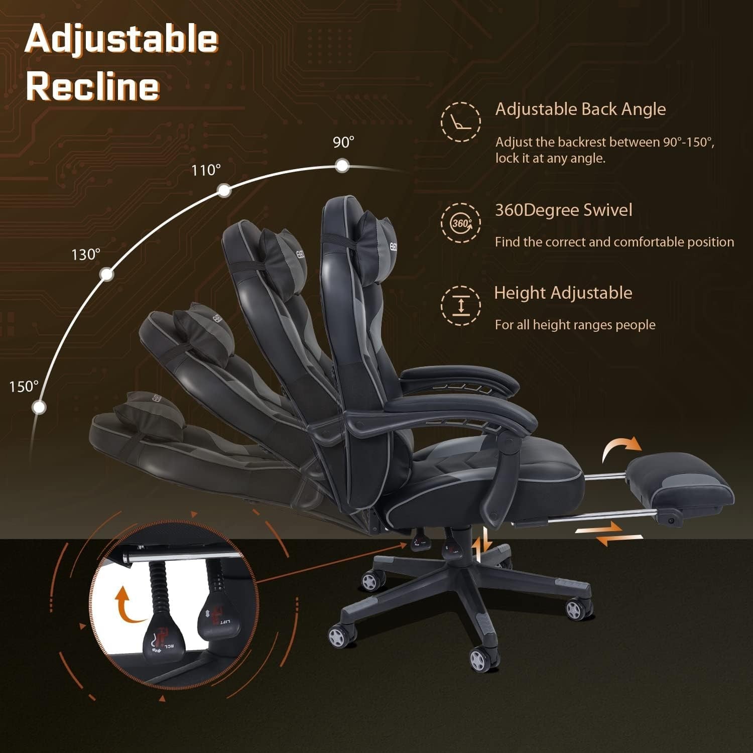 Ergonomic Gaming Chair with Footrest Massage 150° Reclining Grey