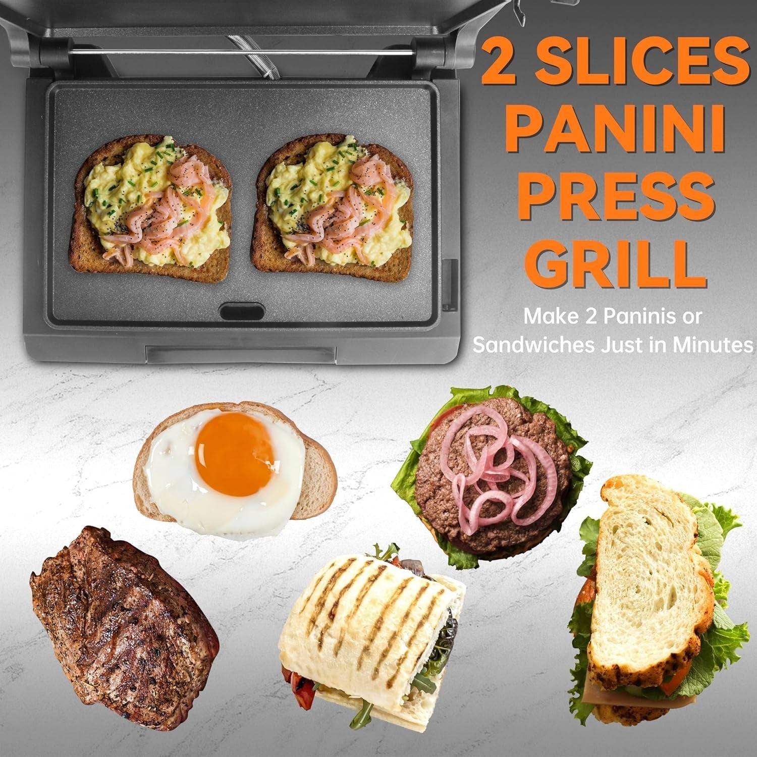 2 Slice Panini Press Grill 800W Non Stick 26.6cm Stainless Steel