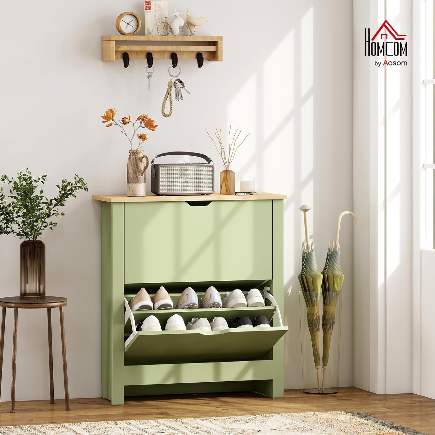 Space Saving Narrow Shoe Cabinet 2 Flip Drawers Adjustable Shelves Green
