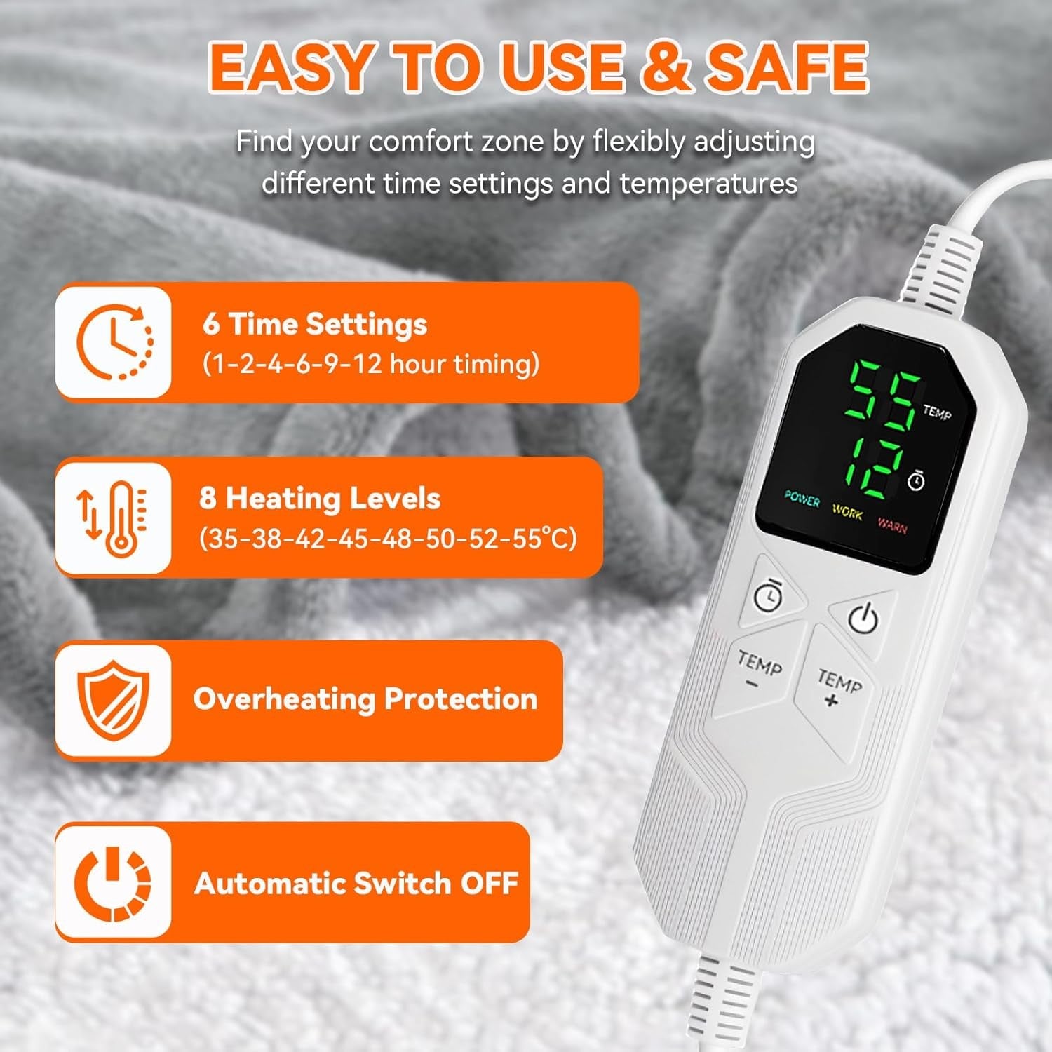 Electric Heated Throw Blanket 180x150cm Fast Heat Auto Shut Off 8 Levels
