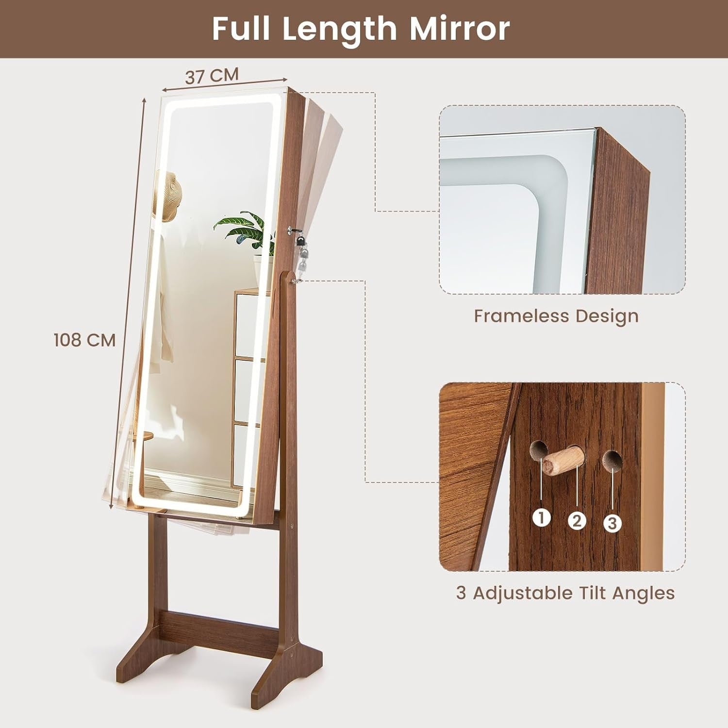 Rustic Brown LED Jewellery Cabinet Full Length Mirror Adjustable Lockable