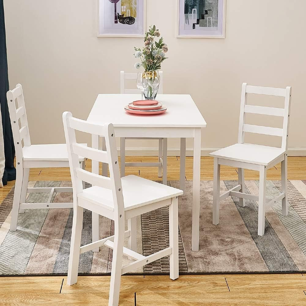 Solid Pine Dining Table Set 4 Chairs White | Durable Kitchen Furniture