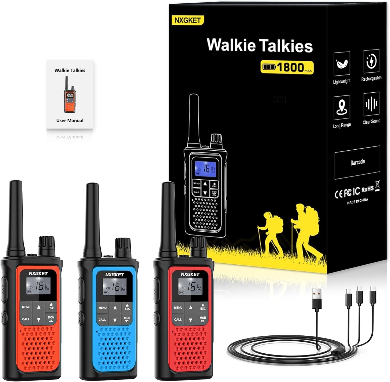 Long Range Walkie Talkies 3 Pack Rechargeable 16CH VOX Outdoor Radio