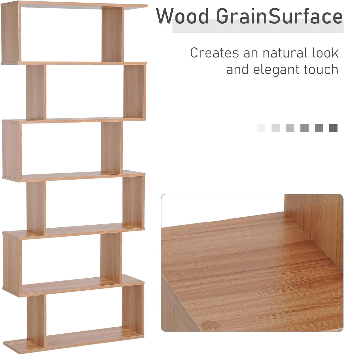 Modern S-Shape 6-Tier Bookcase Maple Wood Room Divider Display Shelf Unit