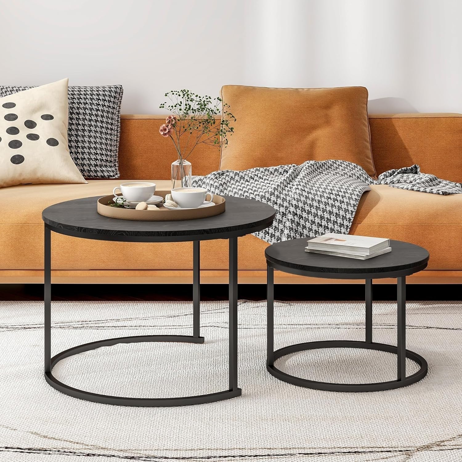 Space-Saving Round Nesting Coffee Table Set of 2, Sturdy Metal Frame (SV)