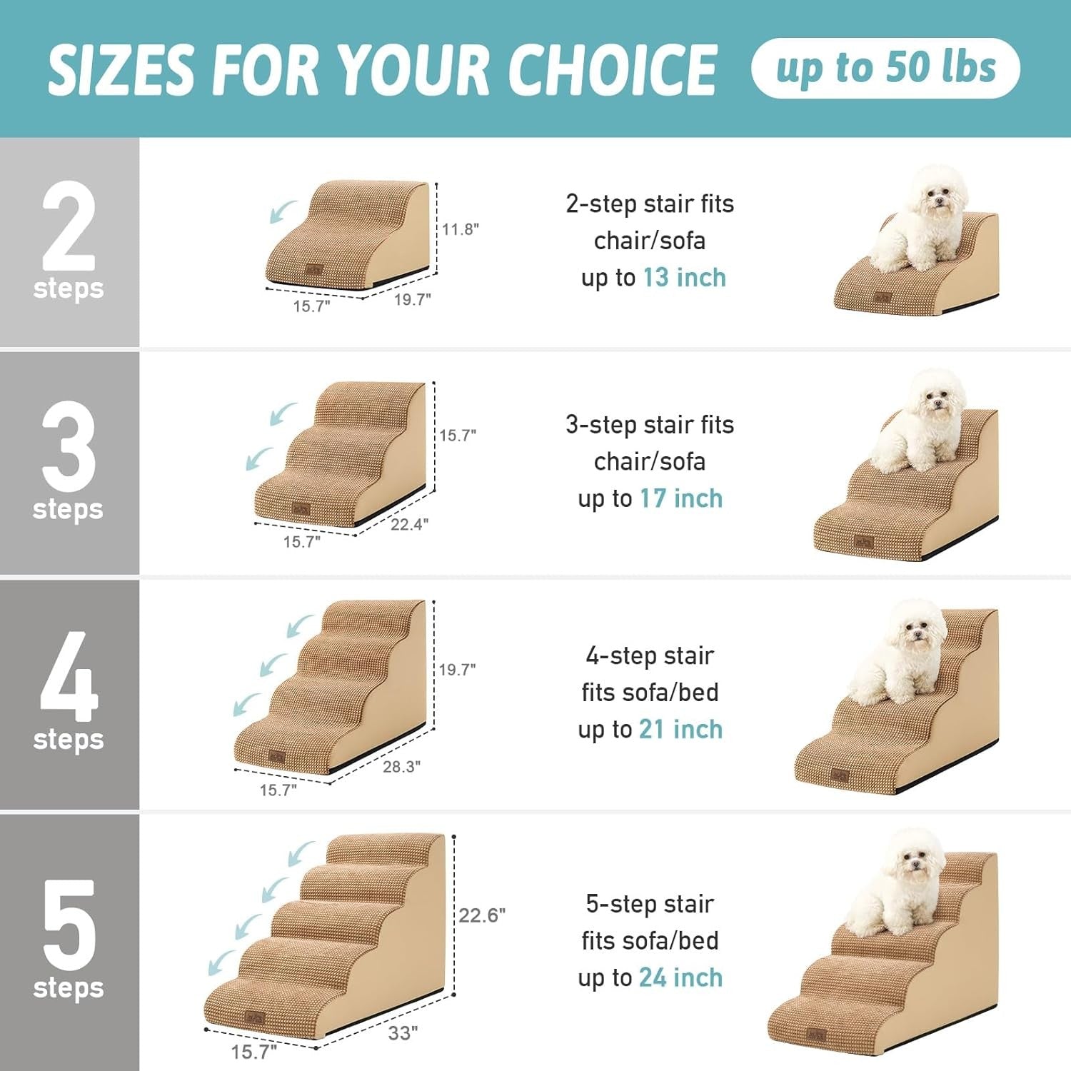 Dog Stairs 3 Step Foam Pet Ramp for Bed Sofa Leakproof Brown
