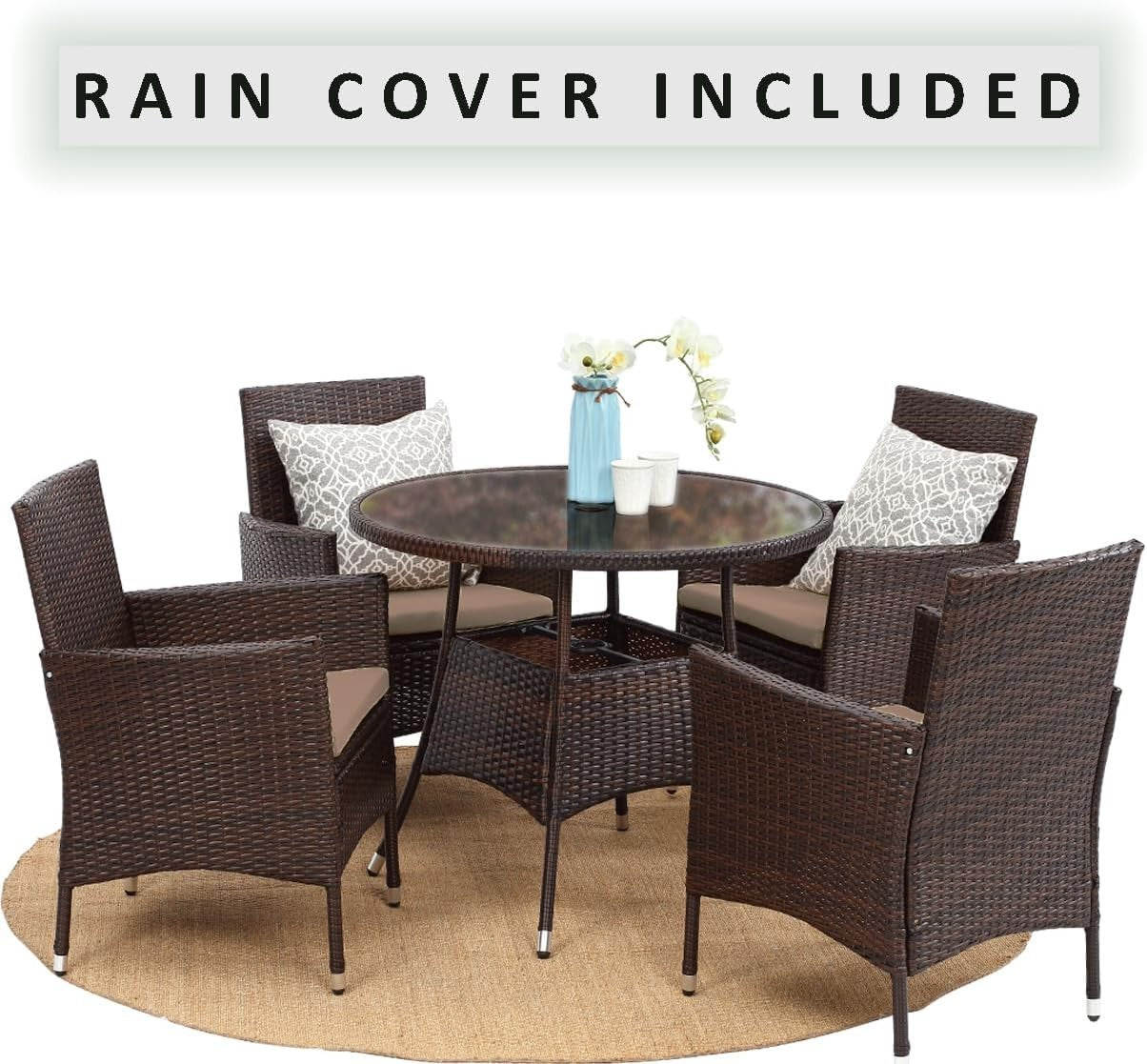 5PC Rattan Garden Dining Set 4 Armchairs Round Table Glass Top Brown