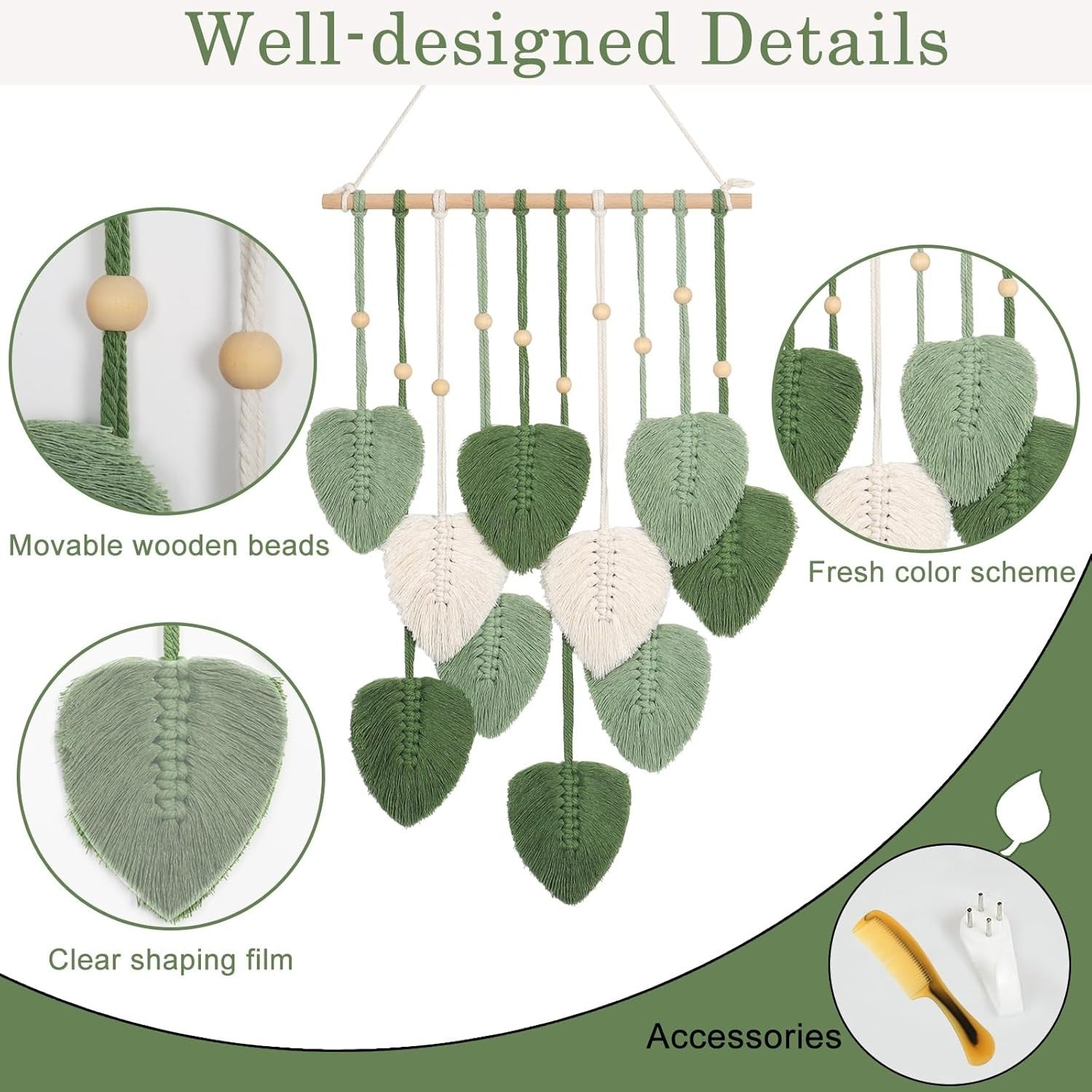 Macrame Wall Hanging Green Leaf Boho Tassel Wall Decor Handmade