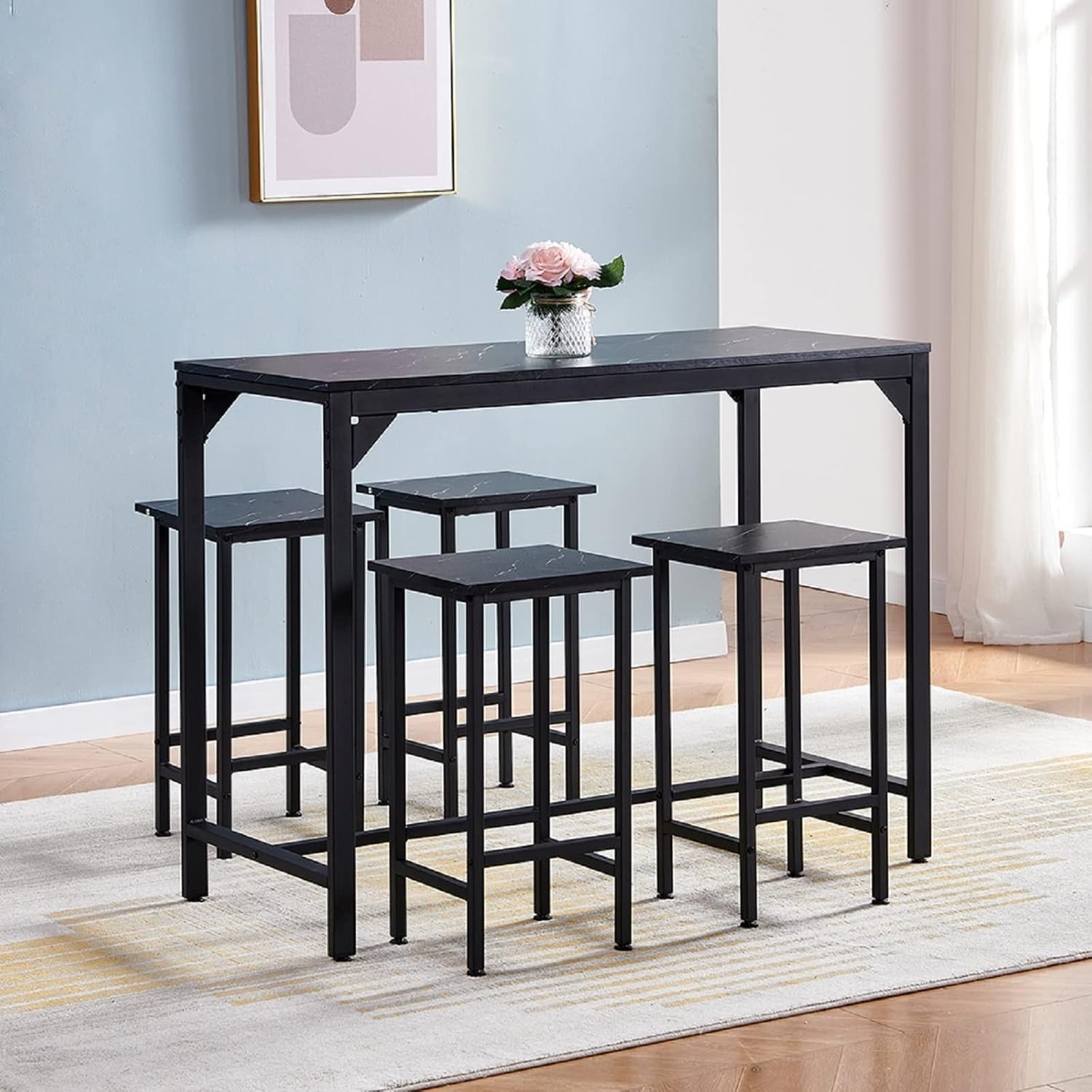 Bar Table Set with 4 Stools Compact Breakfast Bar Set Black Marble Space Saving