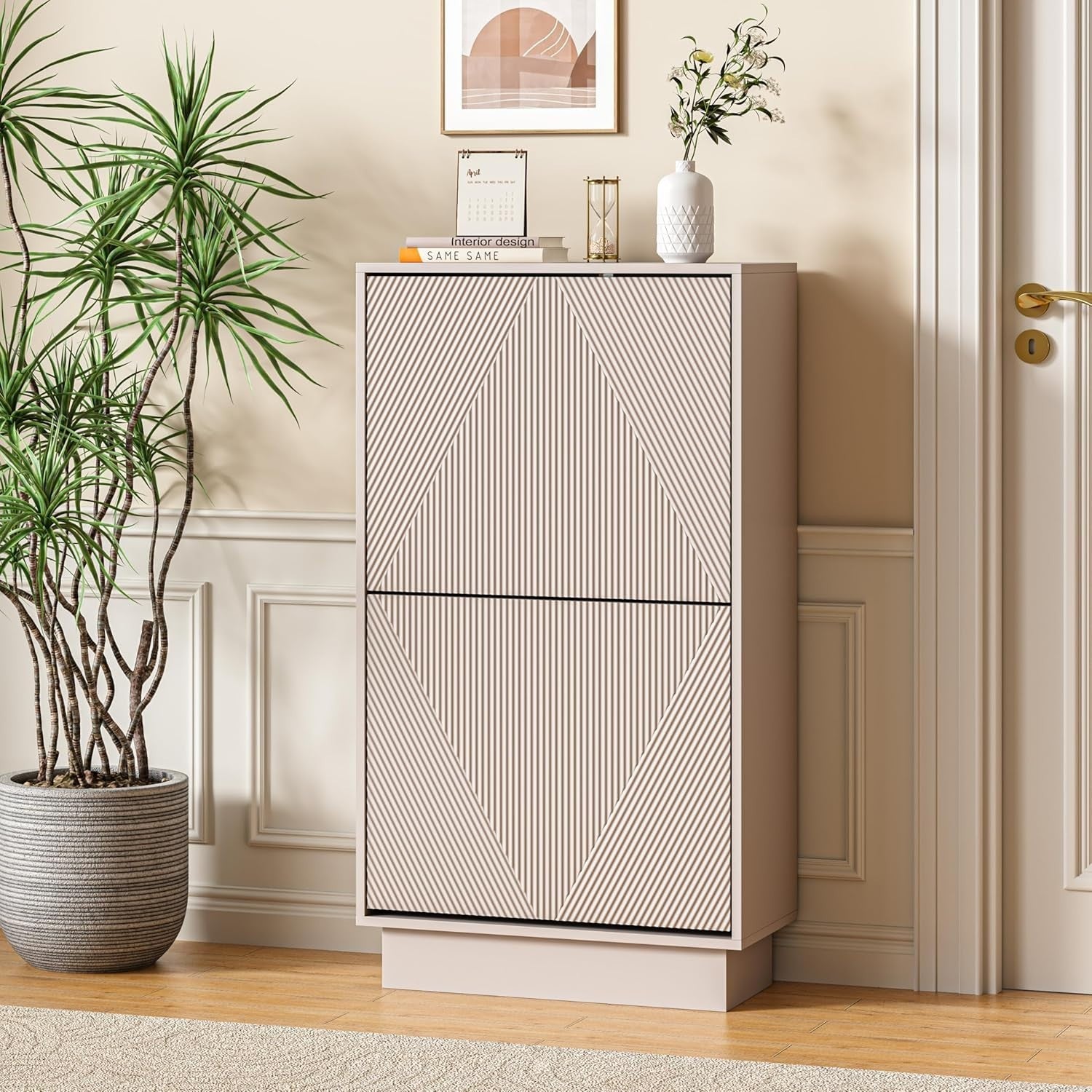 Slim Shoe Storage Cabinet Cashmere | 2 Flip Drawers, Anti-Tip, 91cm Tall